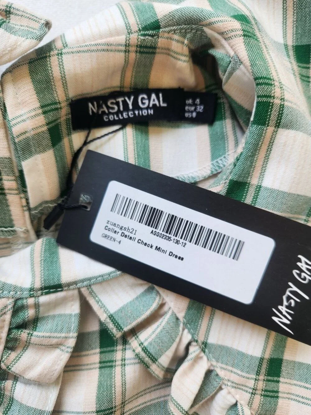 Nasty Gal Plaid Check Mini Dress Green Cream Ruffled Coquette Romantic Cottage - Picture 7 of 11